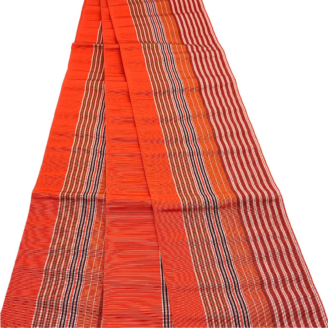 （未仕立）半幅帯 正絹 帯丈362cm 京緋色（きょうひいろ） 縞 博多織 本場筑前 橙系 Sランク 1125001422326