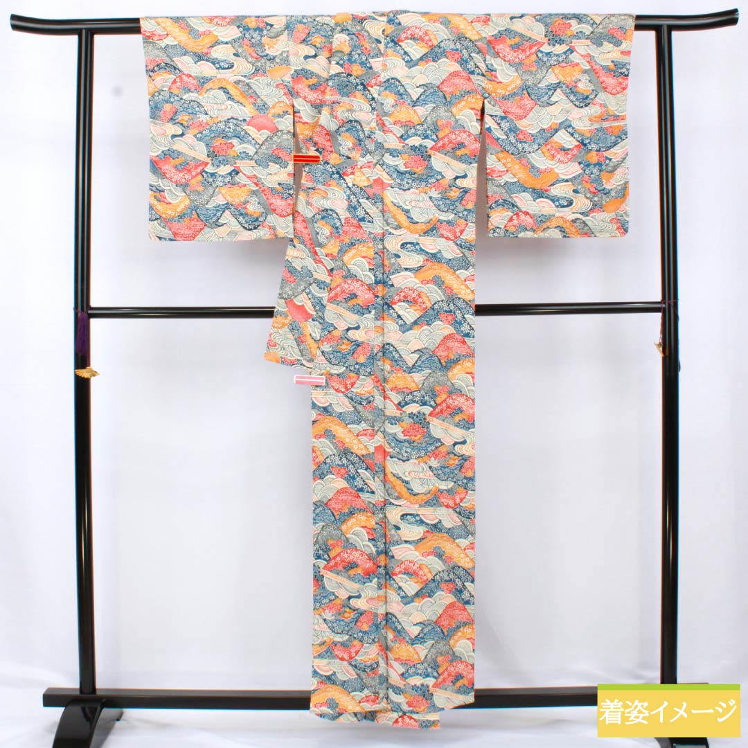 小紋 正絹 Sランク 身丈156cm 裄丈64.5cm 単衣 京紅型 遠山模様 グラデーション系 1115006952399