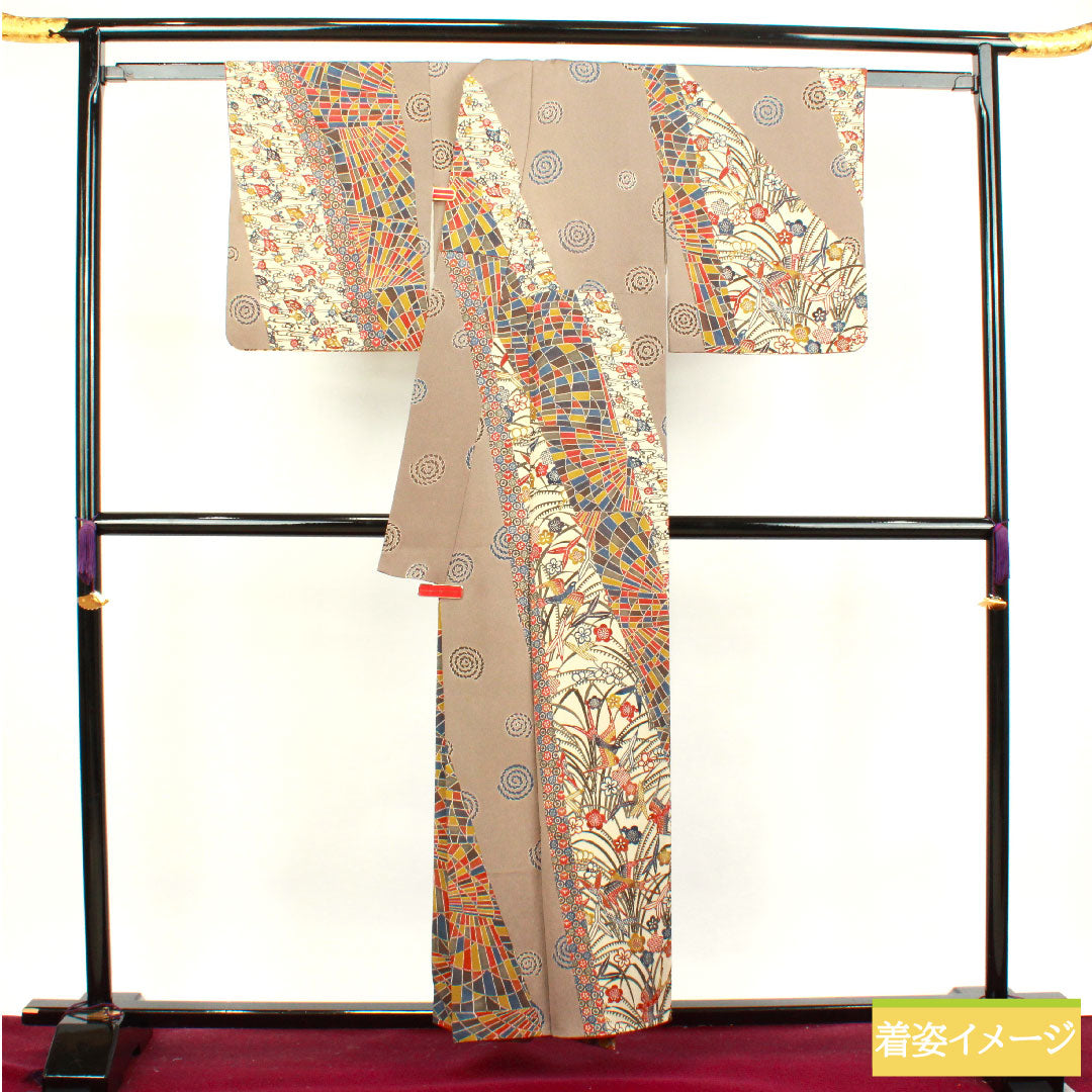 小紋 正絹 身丈154.5cm 裄丈64cm 袷  壁鼠色 京紅型 抽象模様   Aランク グレー系 1115003513222