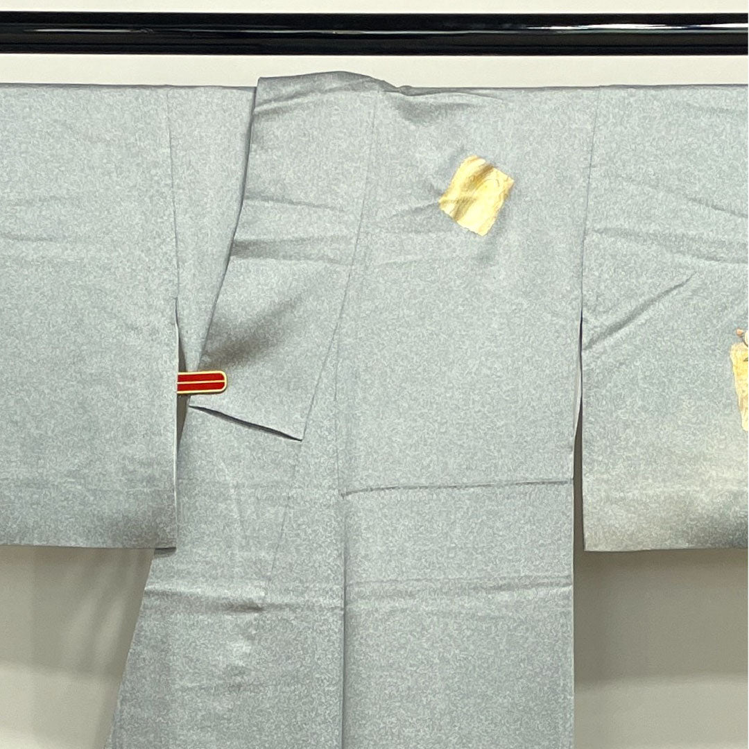 訪問着 袷 身丈149.5cm 裄丈62cm 白銅色 刺繡 金彩 草花模様 正絹 Bランク グレー系 1112001794122