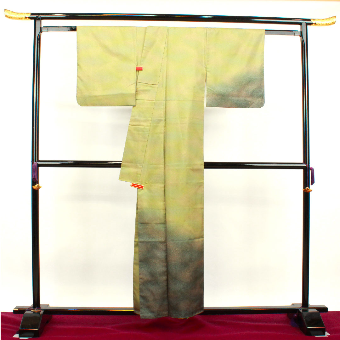 訪問着 正絹 袷 身丈156.5cm 裄丈62.5cm 利休色 紬地 ボカシ模様 剣片喰 Sランク 緑系 1112002852319