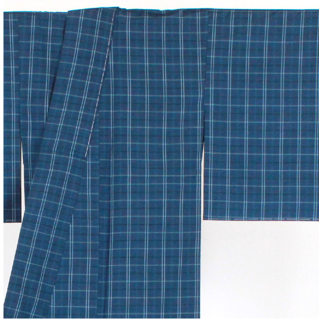 紬 身丈155cm 裄丈63.5cm 格子 正絹 Sランク 袷 紺系 1116001492318