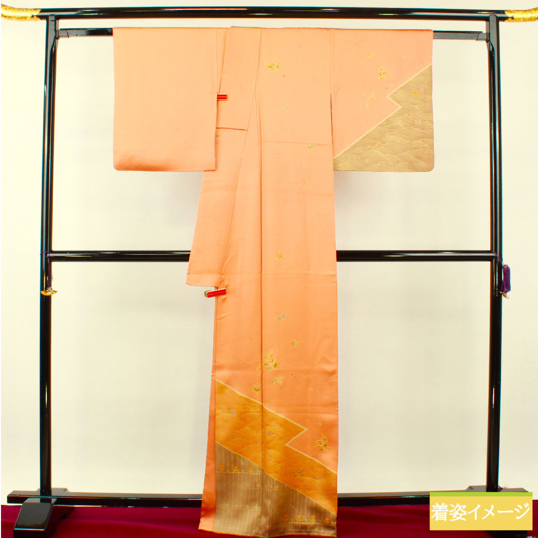 Homongi, pure silk, lined, length 165.5cm, sleeve length 66.5cm, vermilion, Kyoto Yuzen, auspicious motif, A rank, orange, 1112004623526