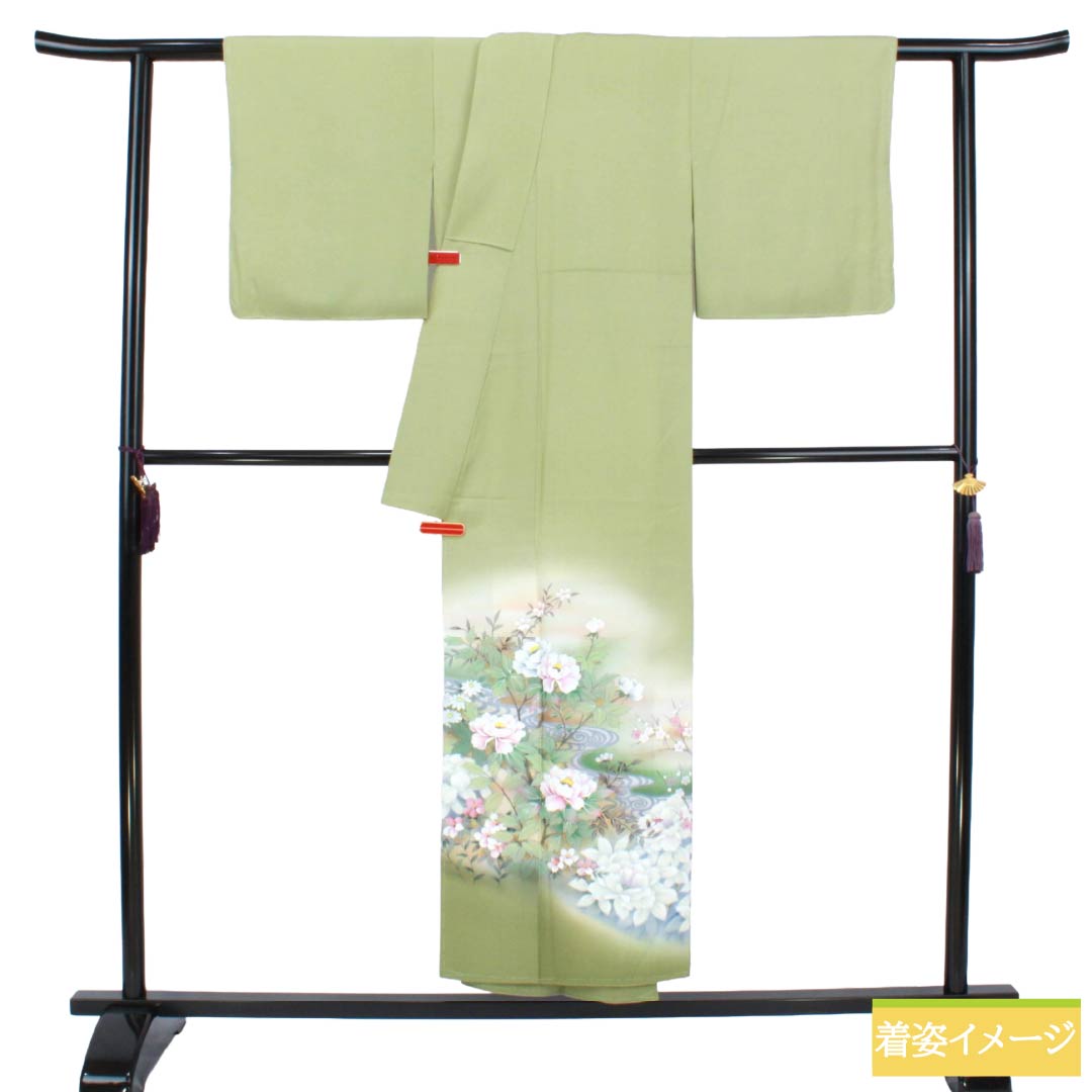 色留袖 正絹 Sランク 身丈149cm 裄丈63cm 袷 浅藍色（あさきあいいろ） 京友禅 流水 草花模様 一つ紋 五三桐 比翼付き 一つ紋 緑系 1111002142119