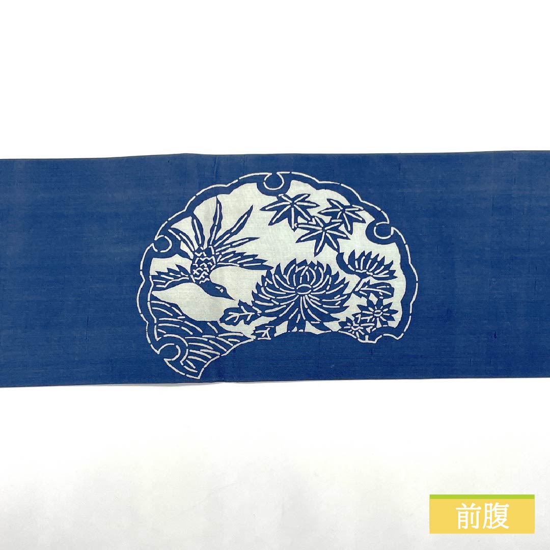 Nagoya obi, deep indigo blue, stencil dyeing, snowflakes, autumn leaves, obi length 361cm, pure silk, A rank, point pattern, casual, blue, 1124007653317, Nagoya style