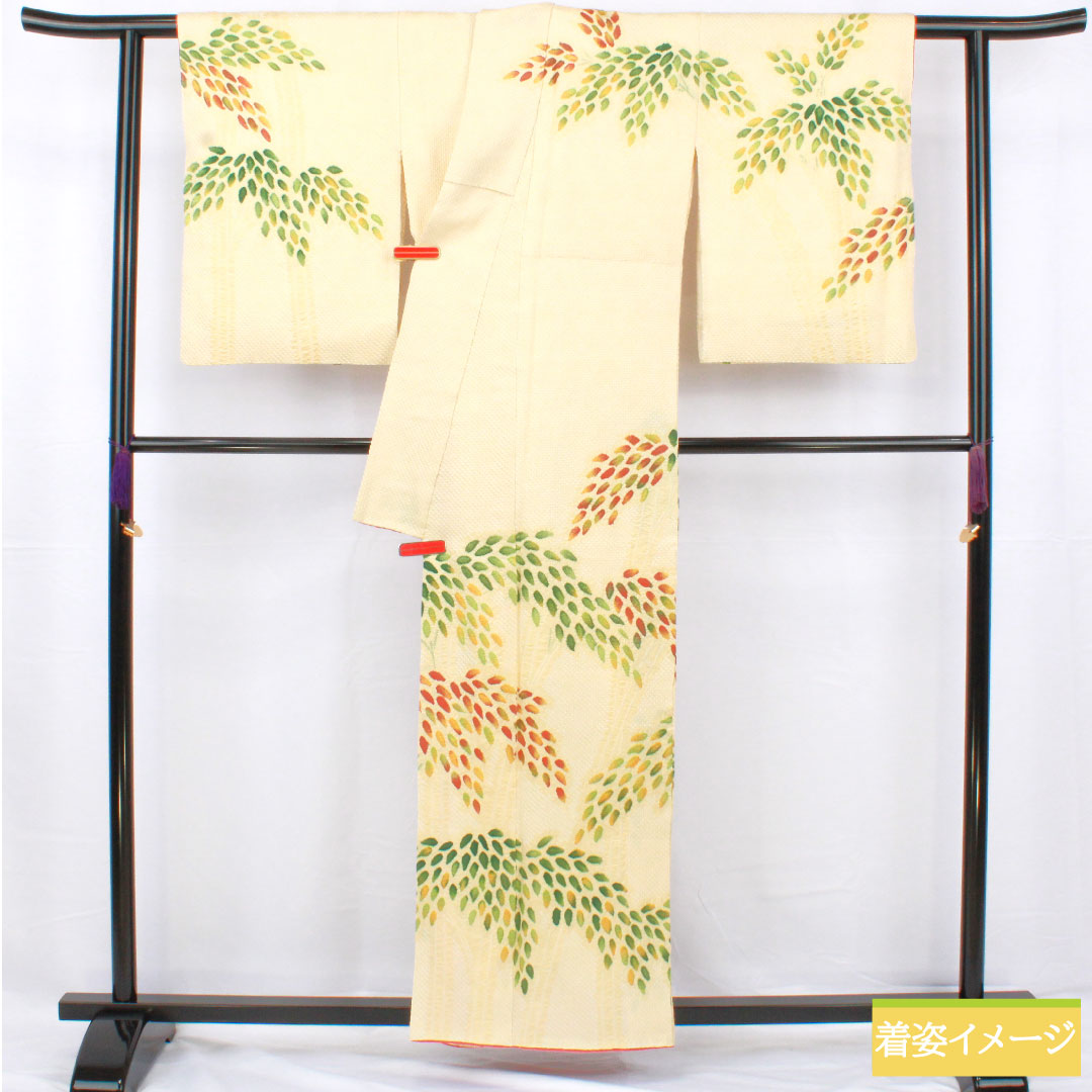 訪問着 正絹 袷 身丈160.5cm 裄丈64.5cm 淡黄色（たんこうしょく） 総絞り 抽象模様 Sランク 黄系 1112005552423