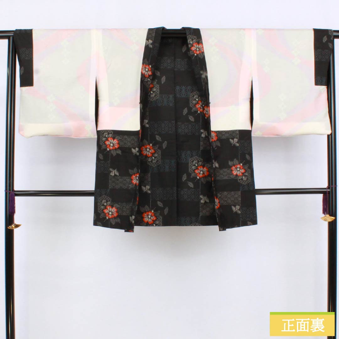 羽織 正絹 Sランク 身丈47cm 裄丈65cm 村山大島 麻の葉 七宝 花 袷 黒系 1117001362910