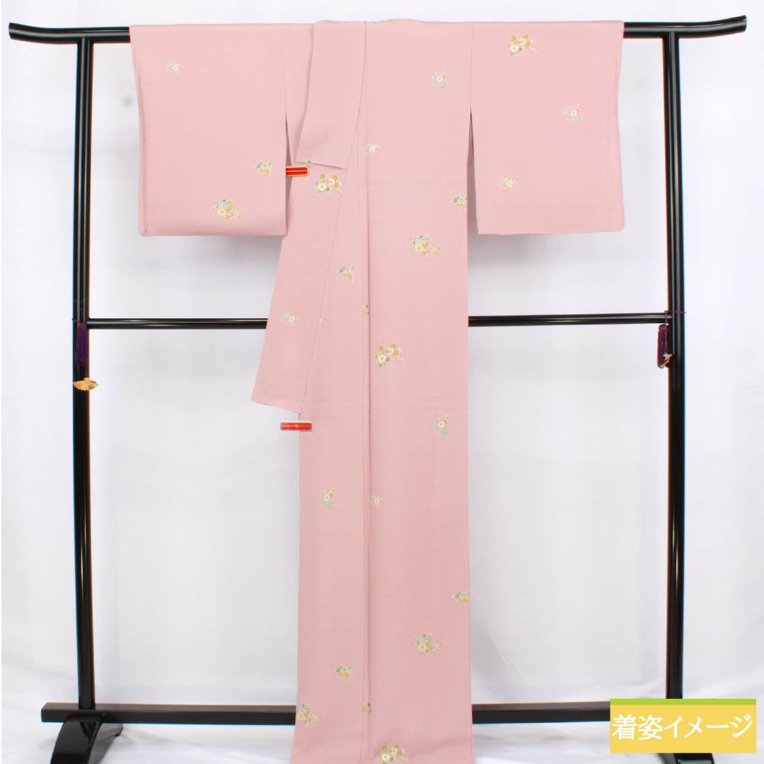 小紋 正絹 Aランク 身丈165.5cm 裄丈66cm 袷 浅紅色（あさべにいろ） 京加賀友禅 小花模様 はればれ加工 ピンク系 1115006353513