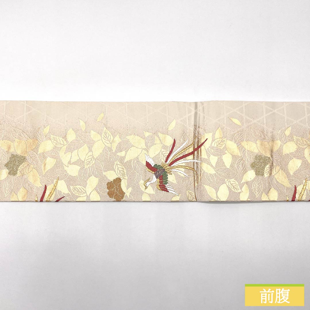 名古屋帯 胡粉色（ごふんいろ） 鳳凰 花模様 帯丈359cm 正絹 Sランク 六通 セミフォーマル クリーム系 1124008862315 名古屋仕立て