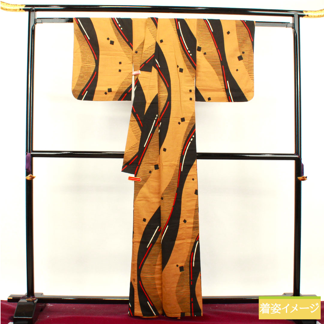 Yukata Cotton Length 163.5cm Sleeve length 62.5cm A rank Single layer Brown Fox color Geometric pattern 1118004843414