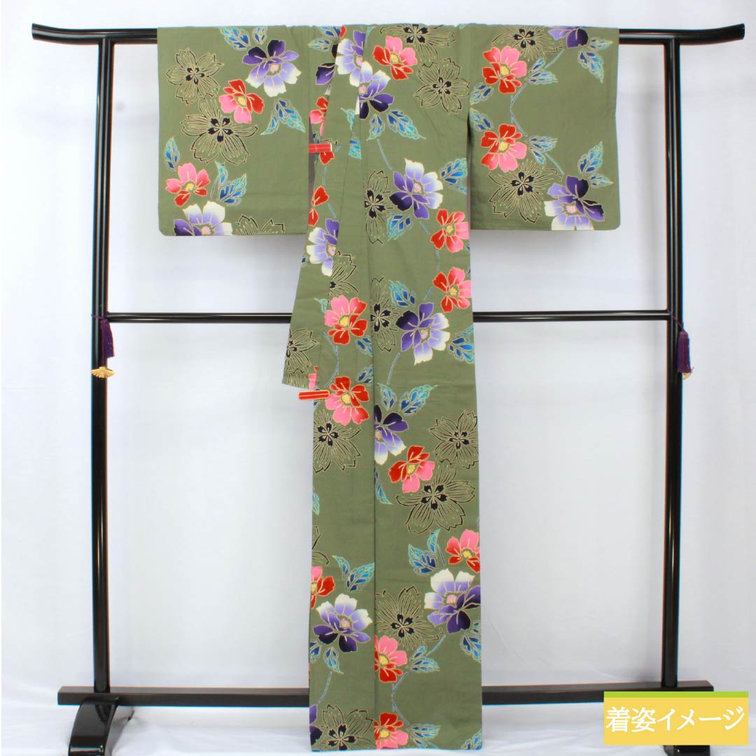 Yukata Cotton Length 167.5cm Sleeve length 66.5cm S rank Single layer Green Iwai brown (Iwai chairo) Hibiscus 1118005262519