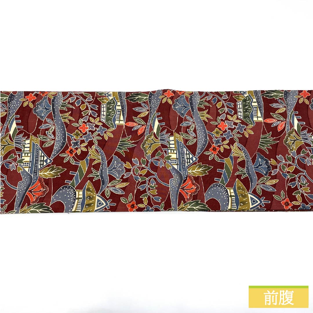 Nagoya Obi Silk S Rank Shitan (dark reddish-brown) Stenciled Landscape Pattern Chirimen Fabric Obi Length 398cm All-Over Casual Brown 1124011552414 Open-Ended