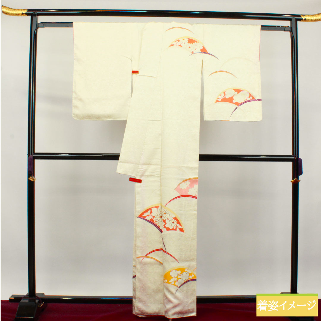 訪問着 正絹 袷 身丈162.5cm 裄丈63.5cm 乳白色 京友禅 扇面 草花模様 しつけ糸付き 未使用品 Sランク クリーム系 1112003412415