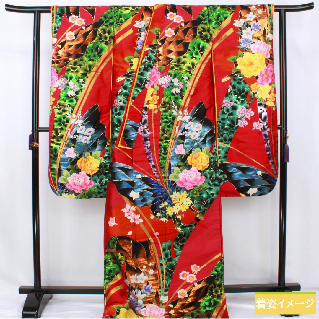 色打掛 正絹 Sランク 身丈188cm 裄丈67cm 真紅色（しんくいろ） 森英恵 HANAE MORI 唐織 蝶 袷 赤系 1110001102912