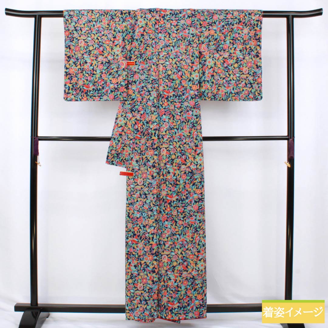 リサイクル着物】小紋 正絹 Sランク 身丈159cm 裄丈63cm 袷 紺色（こん