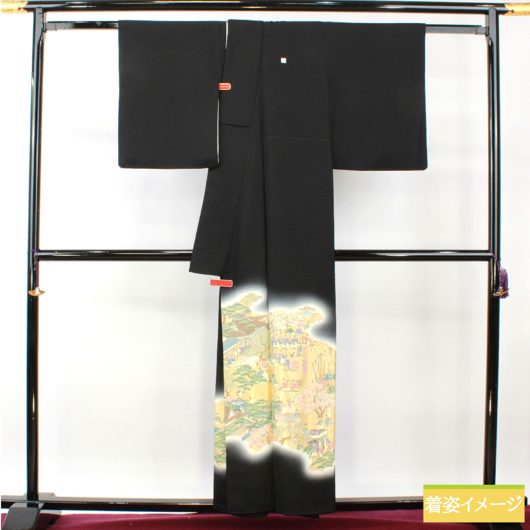 Black formal kimono, pure silk, length 156.5cm, sleeve length 63cm, lined, Kotobuki weave, historical figures and landscapes, new repelling processing, five crests, different hawk feathers, S rank, black, 1111001332310