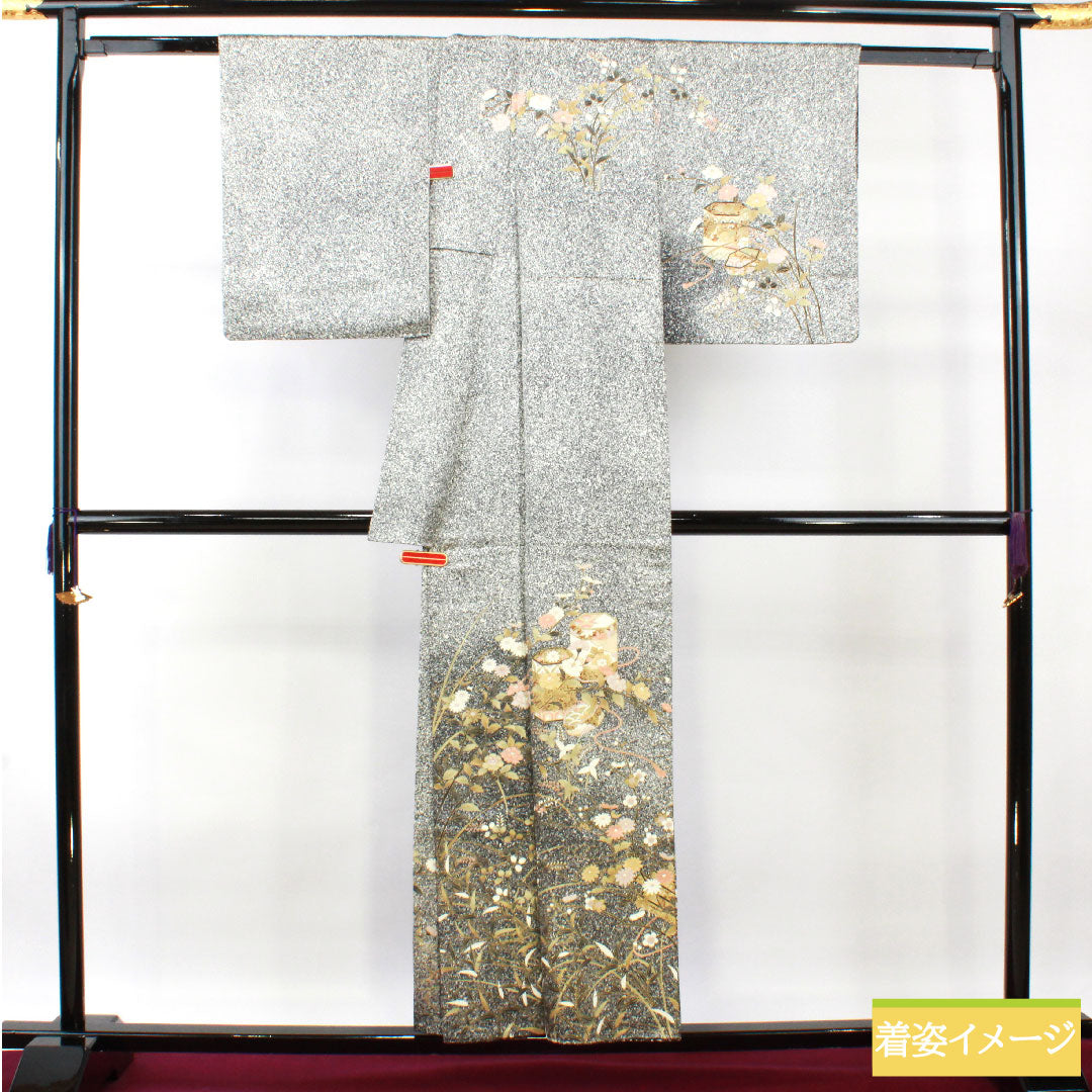 訪問着 正絹 袷 身丈155cm 裄丈62.5cm 京友禅 タタキ染 草花模様 Sランク モノトーン 1112004412327