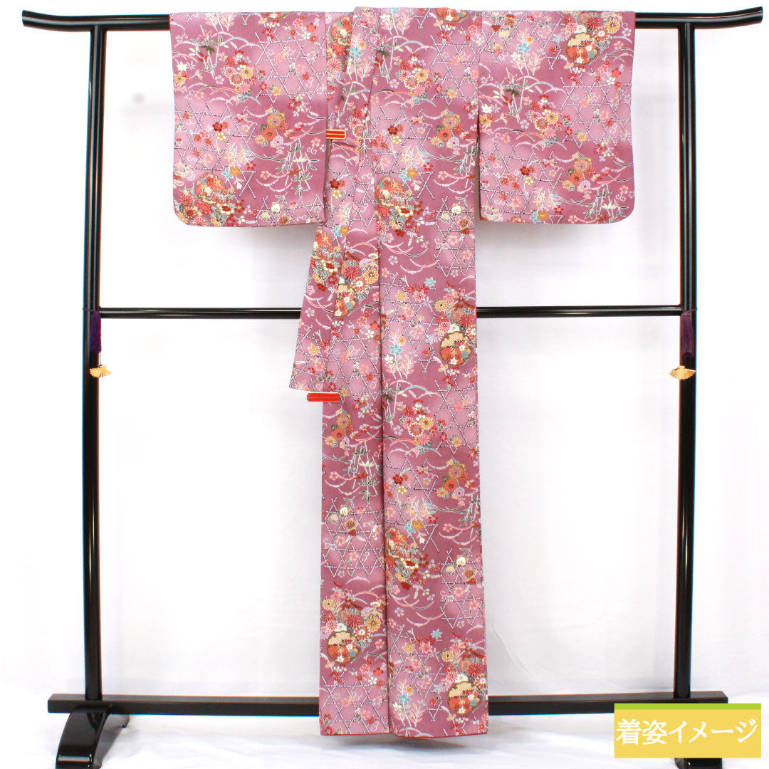 小紋 ポリエステル 身丈169.5cm 裄丈64.5cm 袷 京藤色（きょうふじいろ） 洗える着物 草花模様 Aランク 紫系 1115004623520