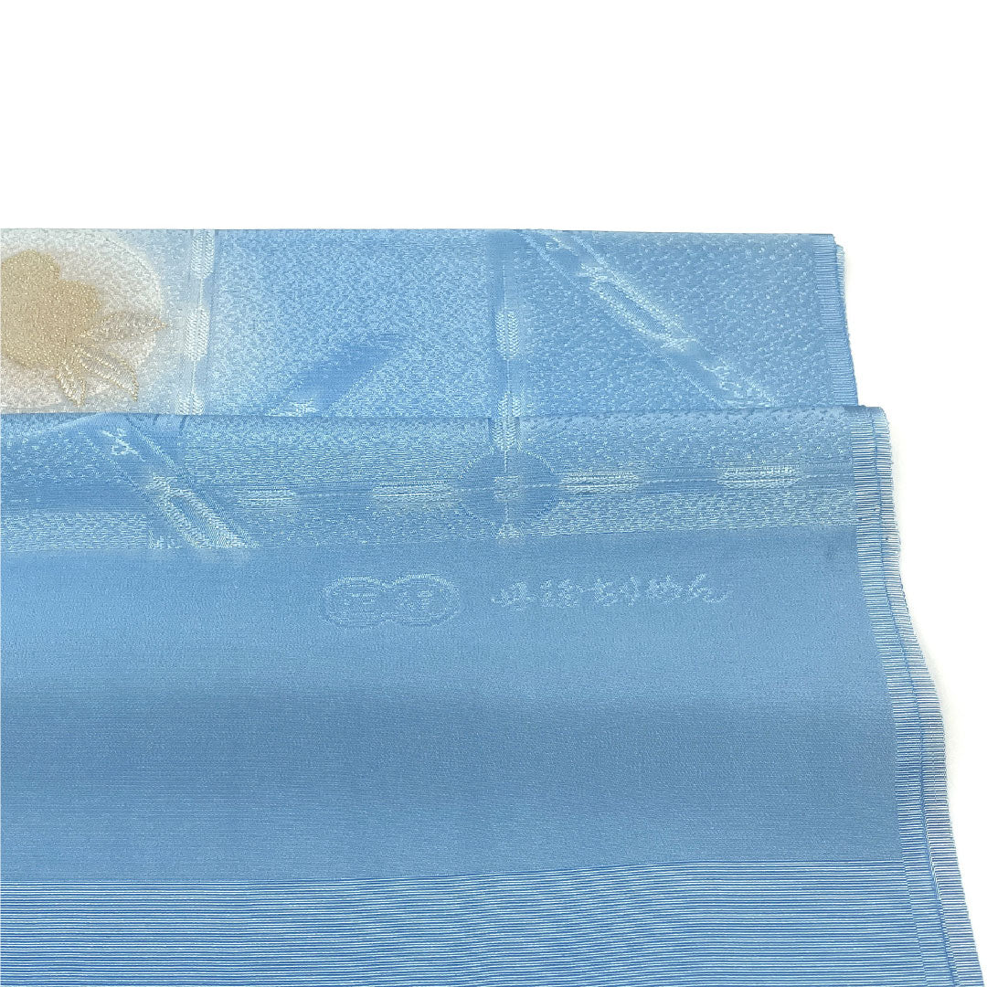 (Like New) Semi-Formal Silk Obiage (Sash) in Sky Blue (Sorairo) with Tango Chirimen Chirimen Checkered and Floral Pattern, Approximately 174cm Long, 32cm Wide, Blue, Product Number: 1136001331917