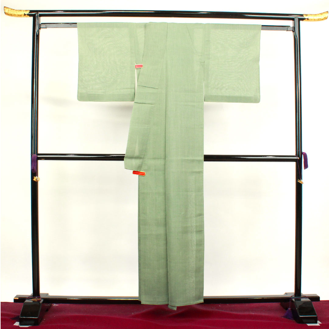 夏物 正絹 色無地 身丈156cm 裄丈63cm 灰緑色（はいみどりいろ） 紬地 紗 Sランク 緑系 1132000562319