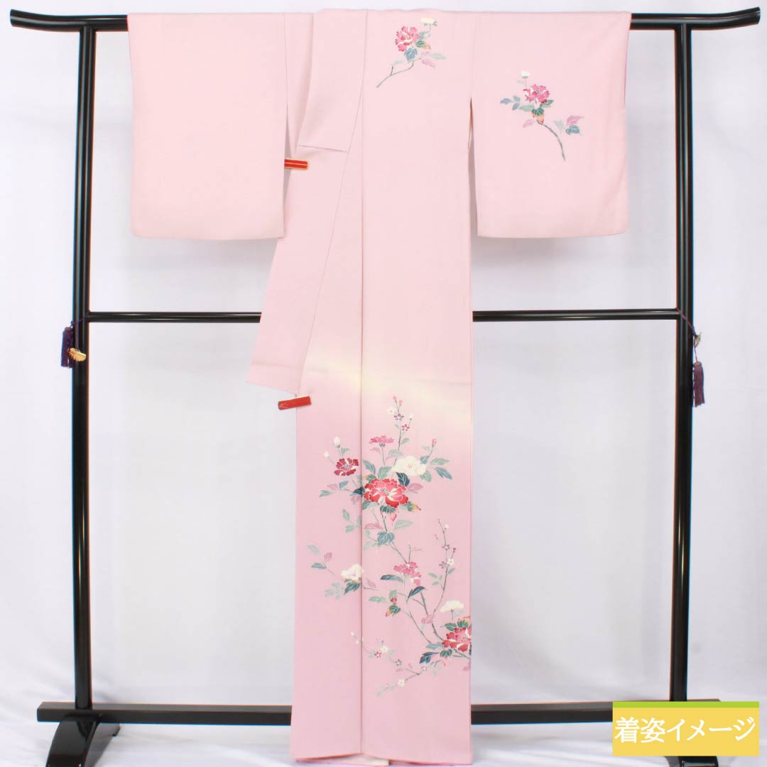 Homongi Silk A Rank Awase Kimono, Length 164.5cm (64.8"), Sleeve to Shoulder 66cm (26.0"), Arasomeiro Pink, Attached Collar, Kyo-Yuzen, Floral Pattern, Pink Tones, 1112007633413