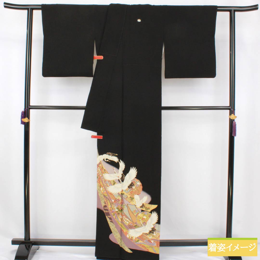 Black Tomesode (Japanese Kimono) - Pure Silk, S Rank, Length 163cm, Sleeve Length 66.5cm, Lined, Kyoto Yuzen, Five Crests, Paulownia, Crane, Noshi, Pine, Plum, Black, 1111002102410