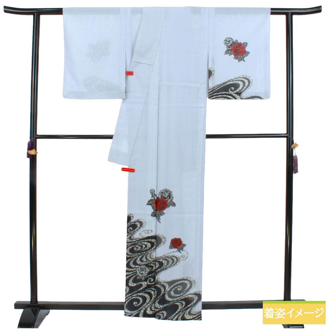 夏物 ポリエステル 付下げ Aランク 身丈160.5cm 裄丈63cm 蒼白色（そうはくしょく） 洗える着物 薔薇 流水 絽 水色系 1132006343424