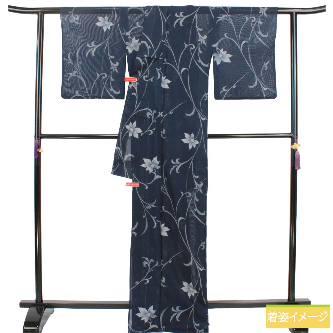 夏物 ポリエステル 小紋 Sランク 身丈171cm 裄丈66cm 濃紺色（のうこんいろ） 草花模様 絽 紺系 1132004762618