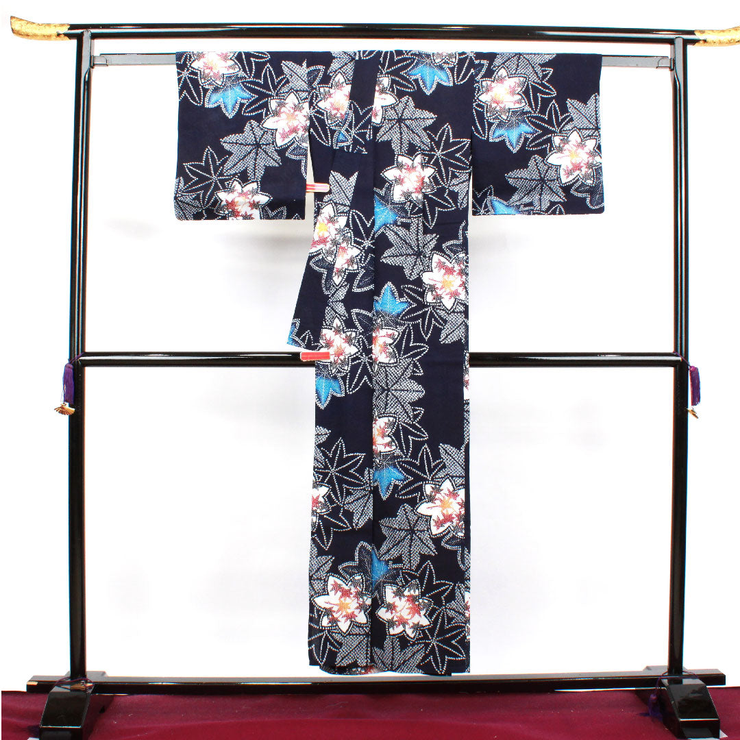 浴衣 濃紺色 紅葉 木綿 Aランク 単衣 身丈151.5cm 裄丈64cm 紺系 1118001393218