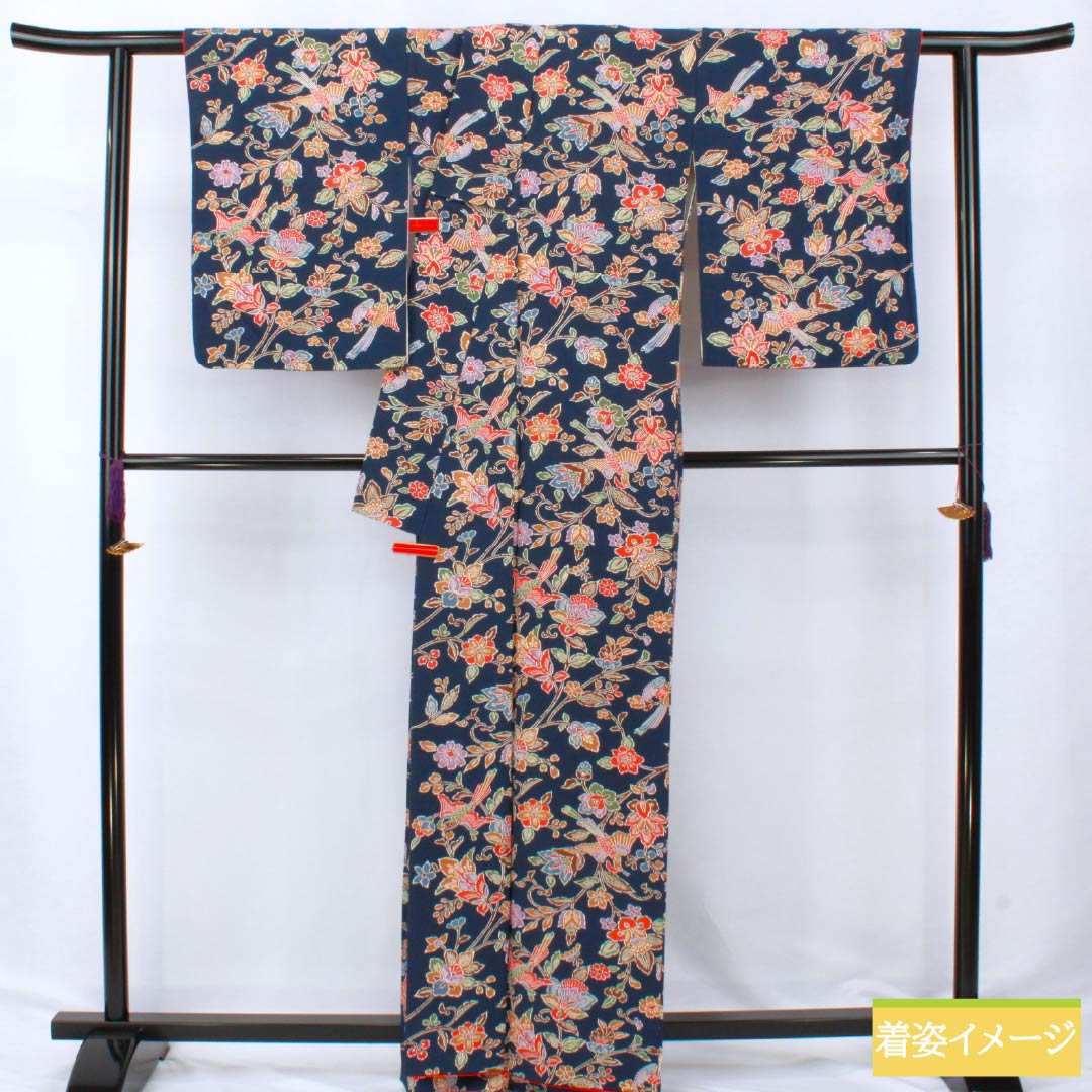 小紋 正絹 Sランク 身丈163cm 裄丈67cm 袷 紺色（こんいろ） 京紅型 草花 鳥 紺系 1115007092418