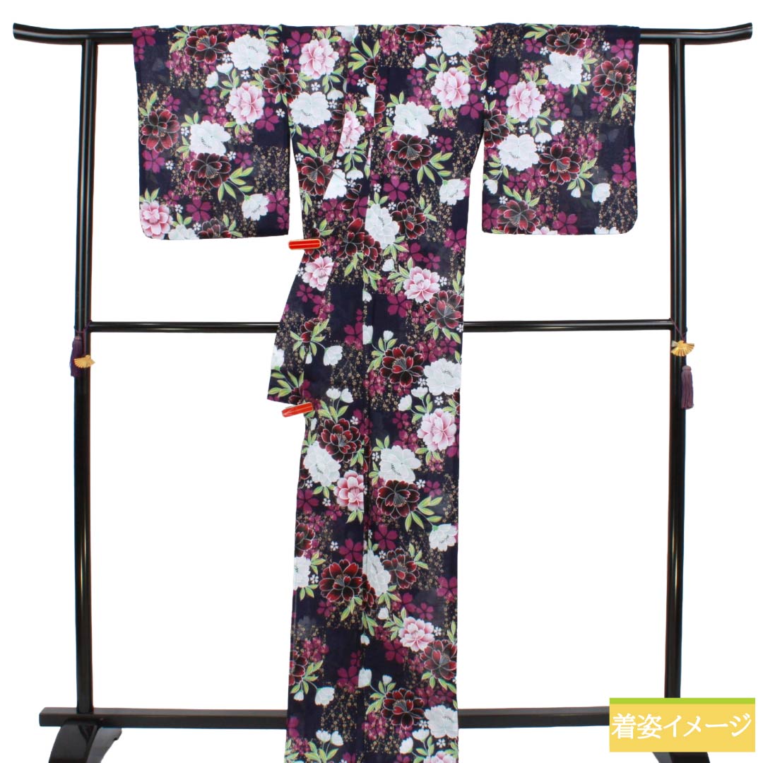 浴衣 木綿 Sランク 身丈167.5cm 裄丈65.5cm 濃紺色（のうこんいろ） 桜 単衣 紺系 1118007552518