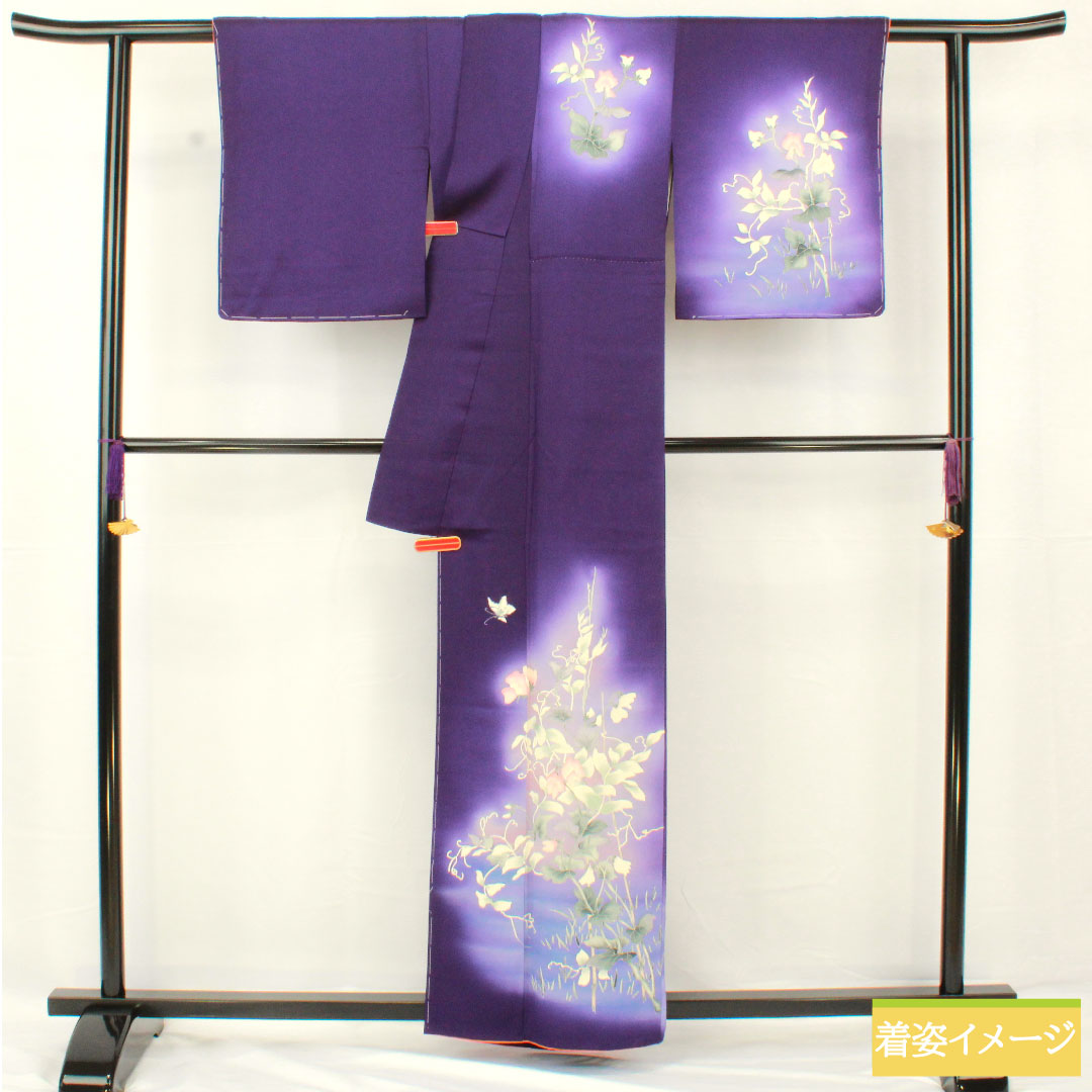 訪問着 正絹 袷 身丈160cm 裄丈62.5cm 菫色（すみれいろ） 京友禅 草花模様 Aランク 紫系 1112005323420