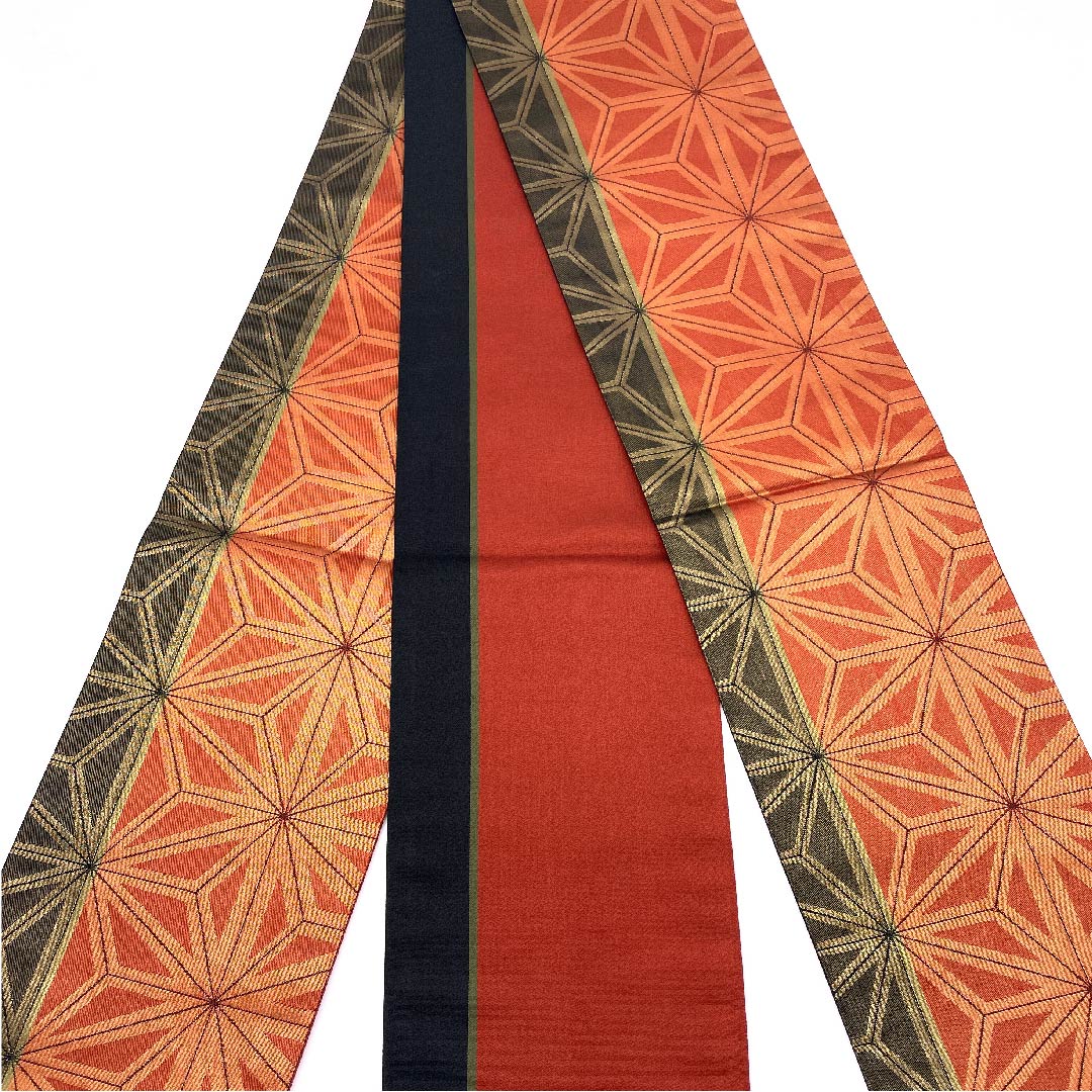 （未仕立）半幅帯 木綿 牛血紅色（ぎゅうけつこういろ） 麻の葉 幾何学模様 帯丈388cm 朱系 Sランク 1125001242316