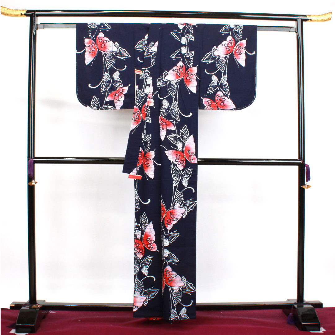 Yukata with basting thread, unused, dark navy blue, butterfly, cotton, S rank, single layer, length 160cm, sleeve length 62cm, navy blue, 1118002922418