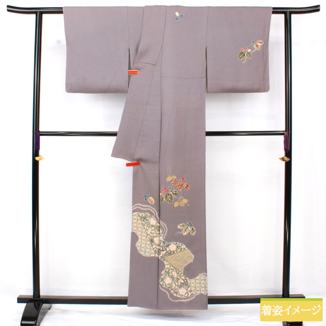 訪問着 正絹 袷 身丈159.5cm 裄丈63.5cm 紫鼠色（むらさきねずいろ）  ちりめん地 辻ヶ花 道長取り 付下げ Aランク グレー系 1112005583322