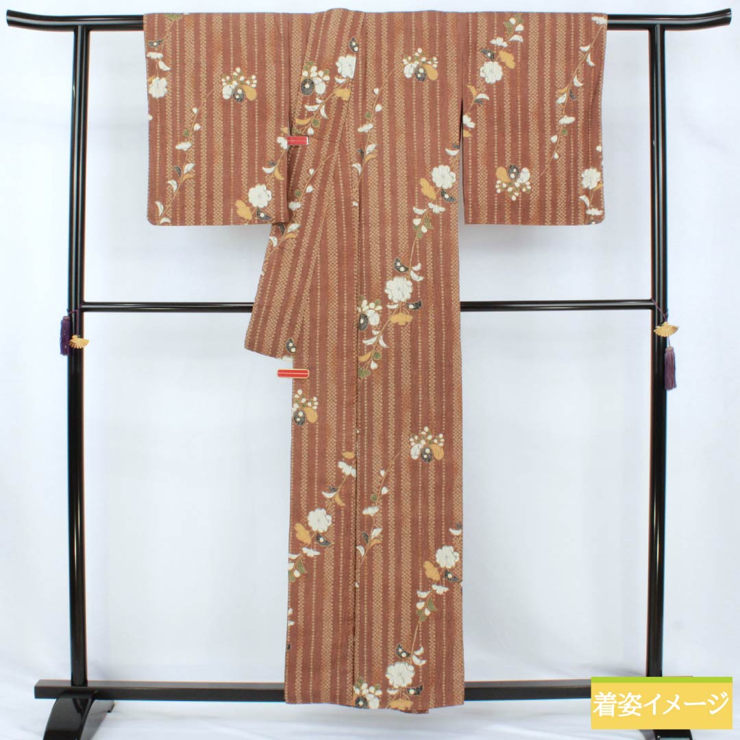 Silk Komon A Rank, Length 156.5cm, Sleeve-to-sleeve 64cm, Lined, Sugisomeiro, Katazome, Tsujigahana, Half-lined, Brown, 1115007843314