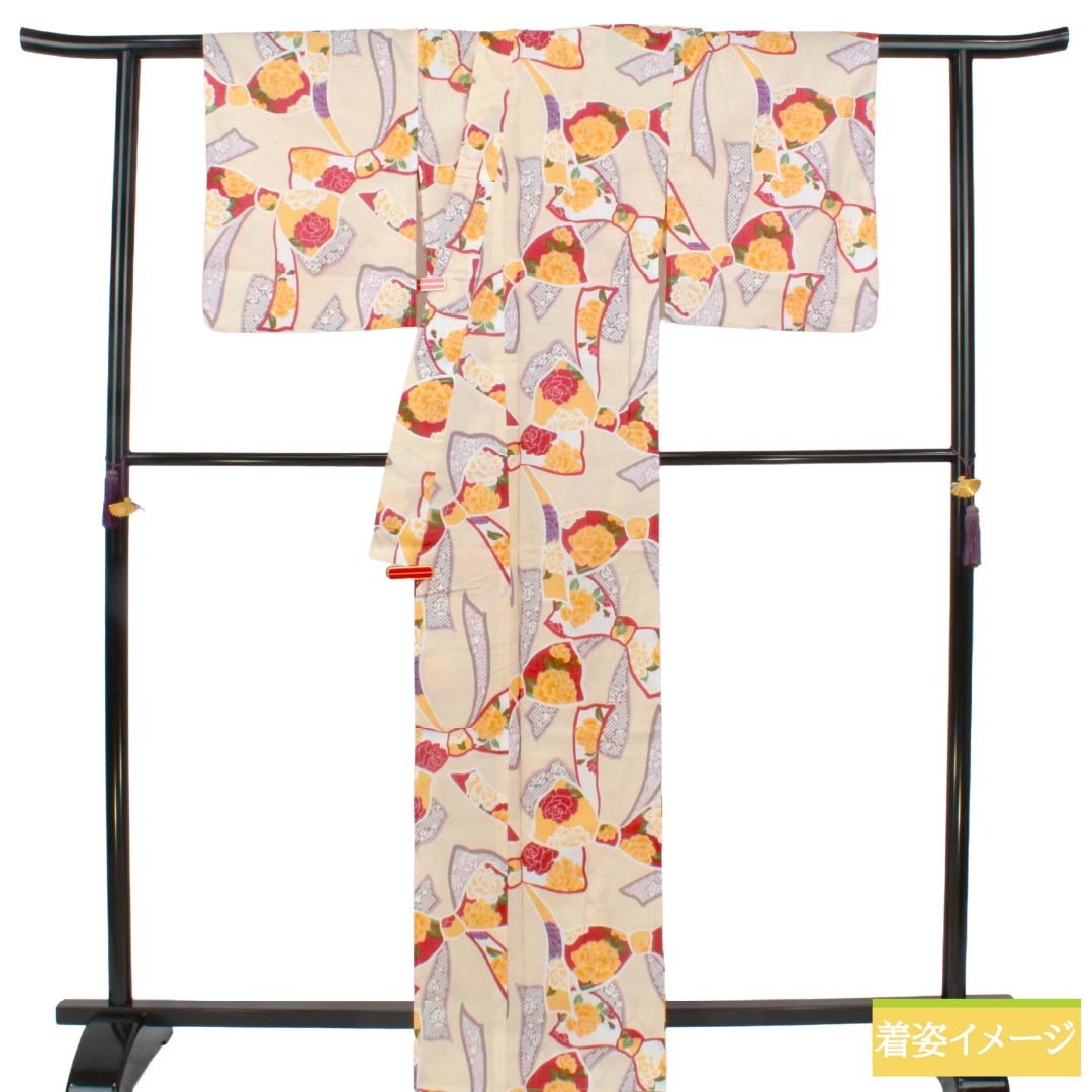 浴衣 木綿 Sランク 身丈167cm 裄丈66cm 生成り色（きなりいろ） リボン 薔薇 単衣 ベージュ系 1118007102525