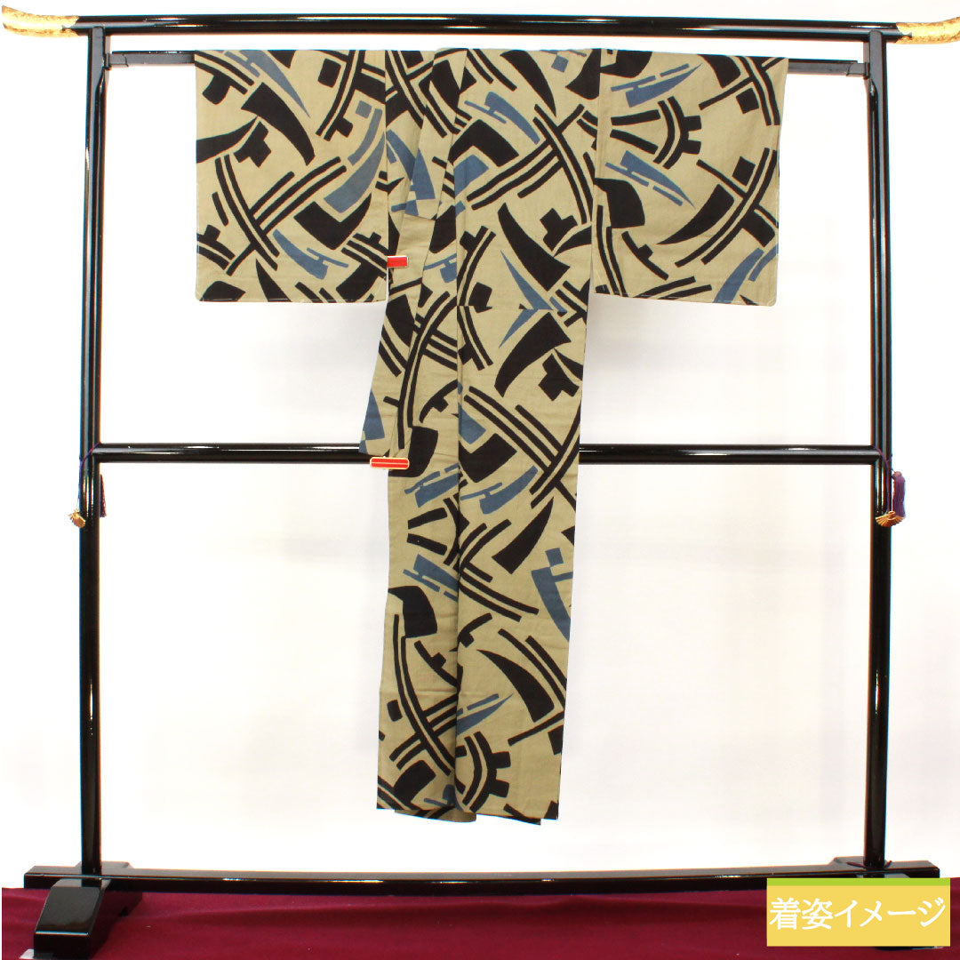 Yukata Cotton Length 143cm Sleeve length 69cm S rank Single layer Beige Edo-nezuiro Men's Abstract pattern 1118005112425