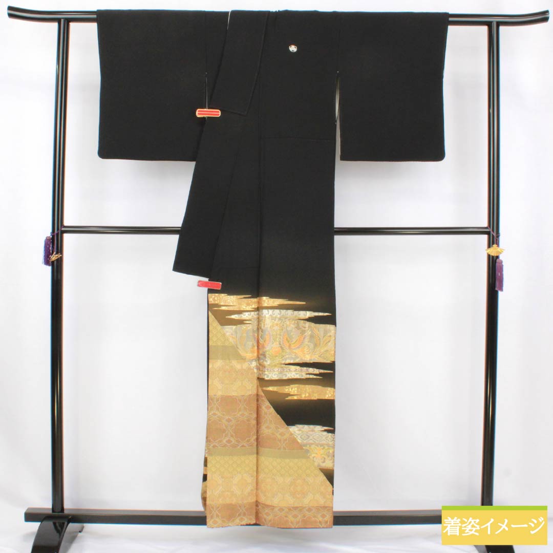 黒留袖 正絹 Sランク 身丈157.5cm 裄丈61.5cm 袷 金彩加工 五つ紋 丸に三つ柏 作家物 吉祥文様 五つ紋 黒系 1111001972310