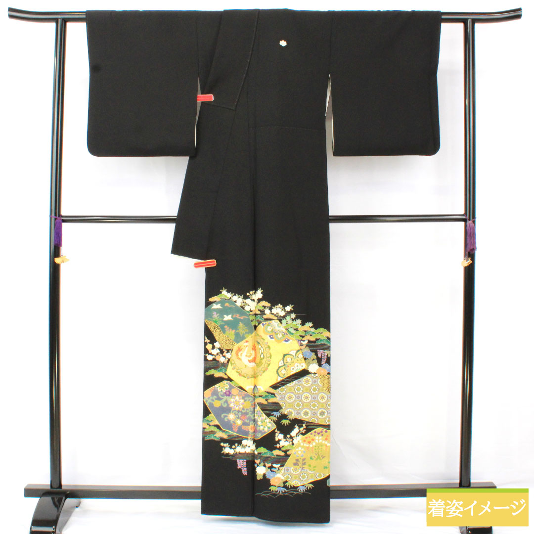 Black formal kimono, pure silk, length 162cm, sleeve length 68cm, lined, Kyoto yuzen, split pattern, phoenix, five crests, five-three paulownia, A rank, black, 1111001733410