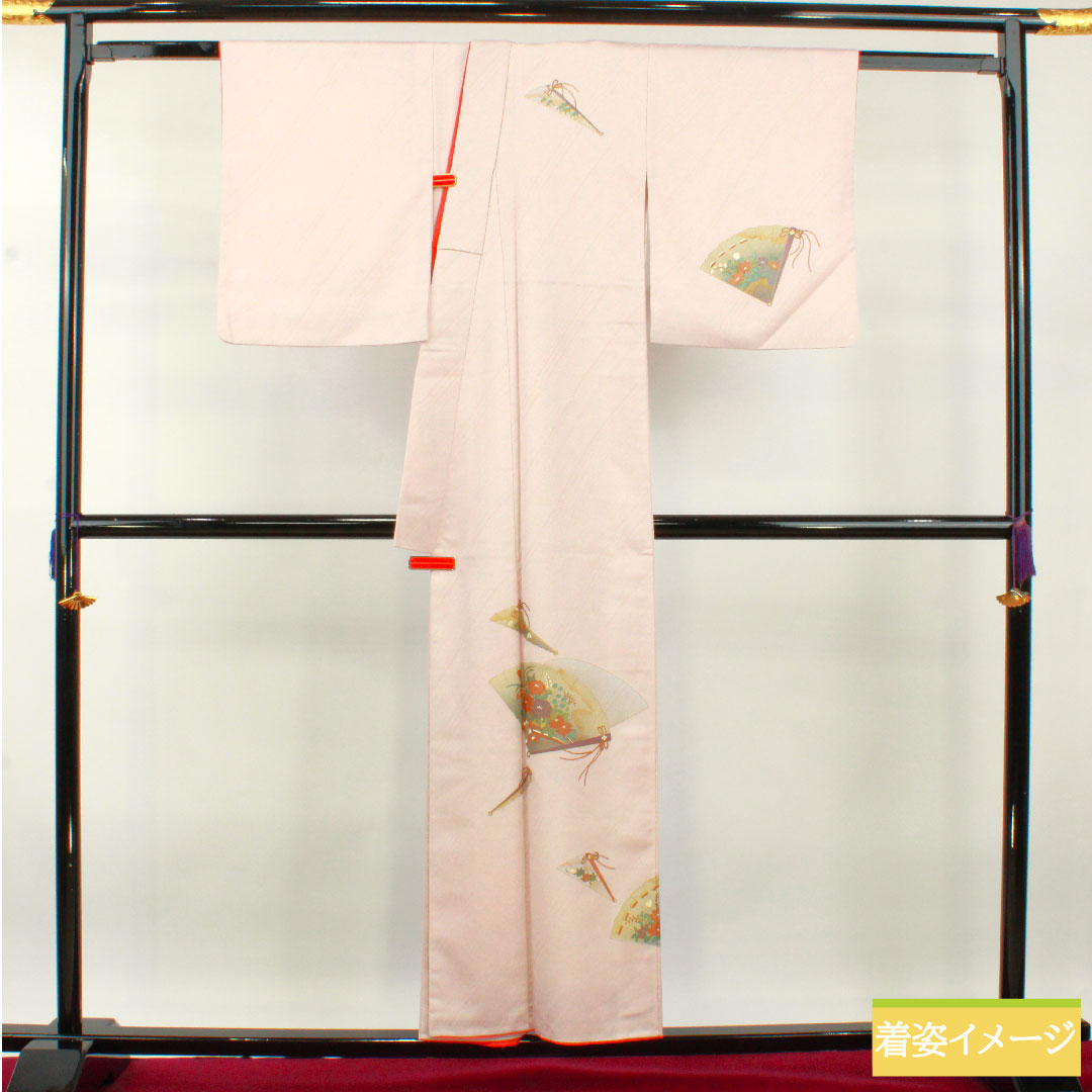Homongi (formal kimono) made of polyester, lined, length 159cm, sleeve length 63cm, cherry blossom color, washable kimono, fan, half-collar included, S rank, pink, 1112004382313
