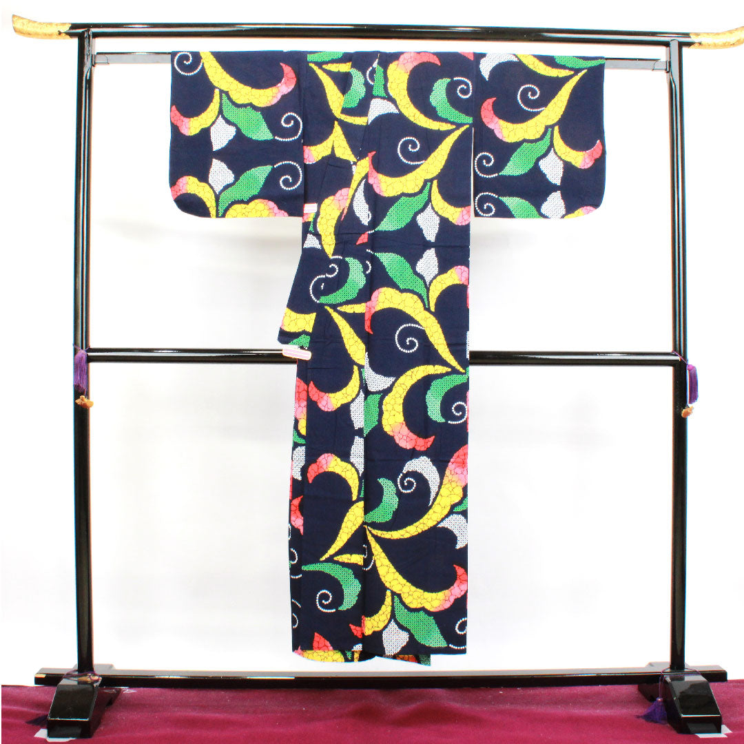 浴衣 濃紺色 抽象模様 木綿 Sランク 単衣 身丈147.5cm 裄丈64cm 紺系 1118003622118