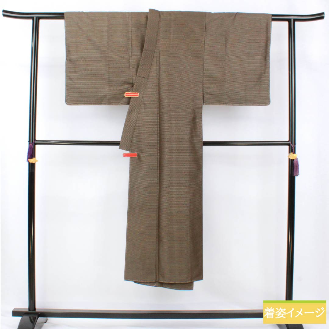 男物 正絹 Sランク 身丈136.5cm 裄丈66cm 煤色（すすいろ） 亀甲 しつけ糸付き アンサンブル 袷 茶系 1119001412314