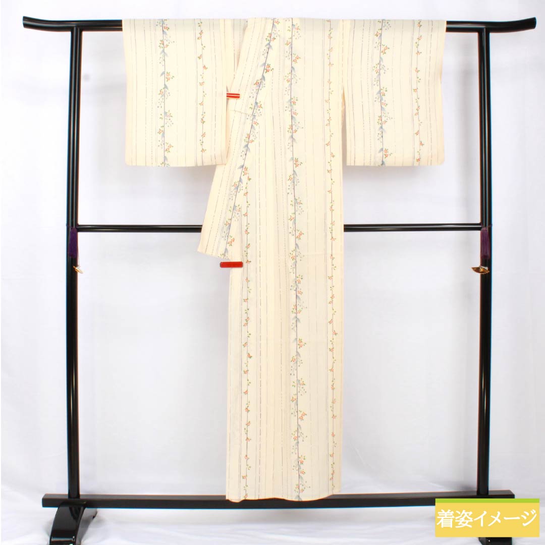 夏物 正絹 小紋 身丈153cm 裄丈62cm 生成り色（きなりいろ） 京友禅 縞 小花 絽 Aランク クリーム系 1132002053215