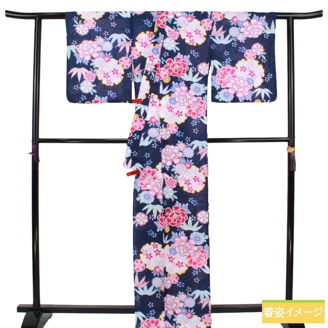 浴衣 木綿 Sランク 身丈163.5cm 裄丈66cm 紺瑠璃色（こんるりいろ） 雪輪 草花模様 単衣 紺系 1118007572418