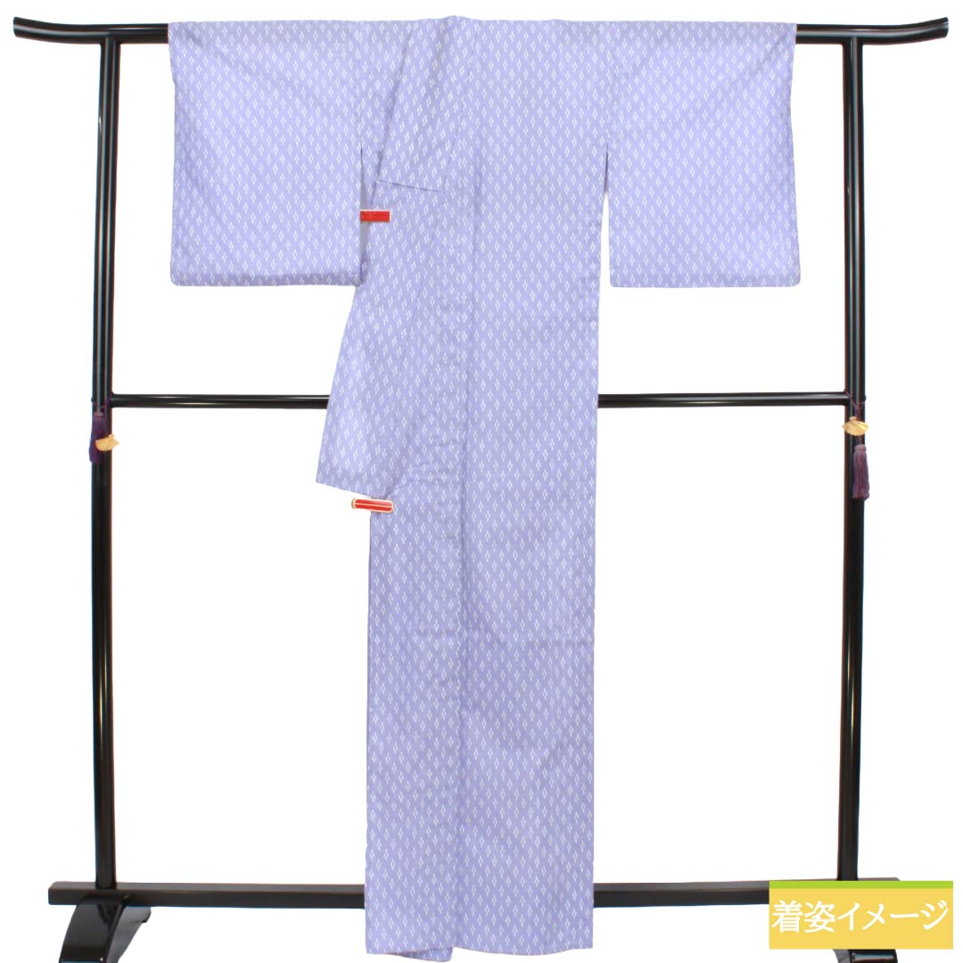 夏物 ポリエステル 小紋 Aランク 身丈163.5cm 裄丈64cm 淡紫色（たんししょく） 抽象模様 洗える着物 絽 紫系 1132005323420
