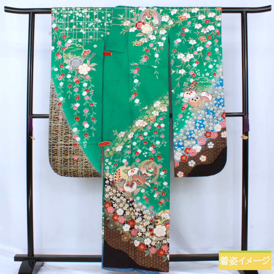 振袖 正絹 Aランク 身丈161cm 裄丈63.5cm 袷 真鴨色（まかもいろ） 吉祥文様 鳳凰 梅 桜 橘 緑系 1113002253419