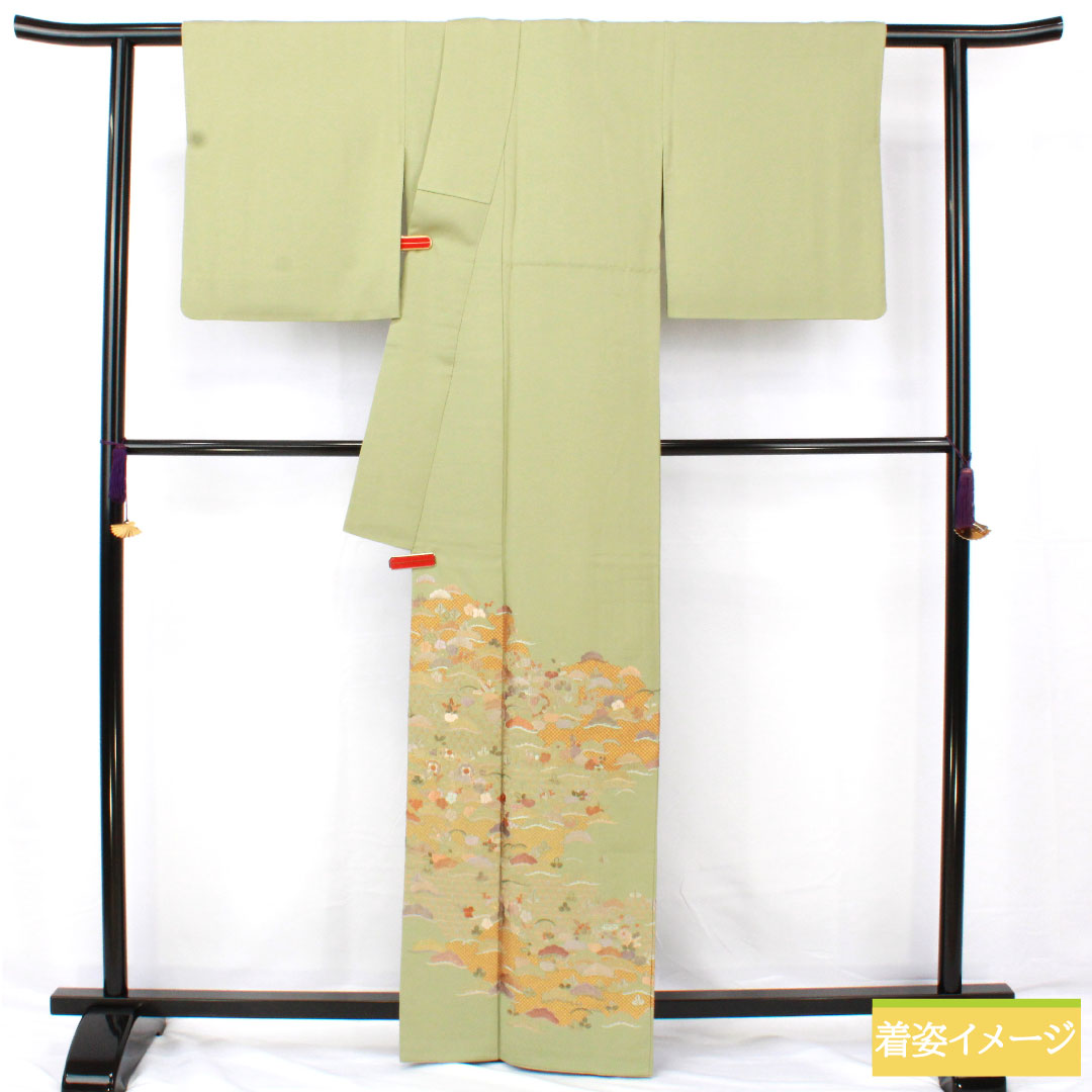 色留袖 正絹 身丈163cm 裄丈67cm 袷 薄柳色（うすやなぎいろ） 蘇州刺繡 丹後ちりめん 吉祥文様 三つ紋 丸に下り藤 Sランク 緑系 1111001682419