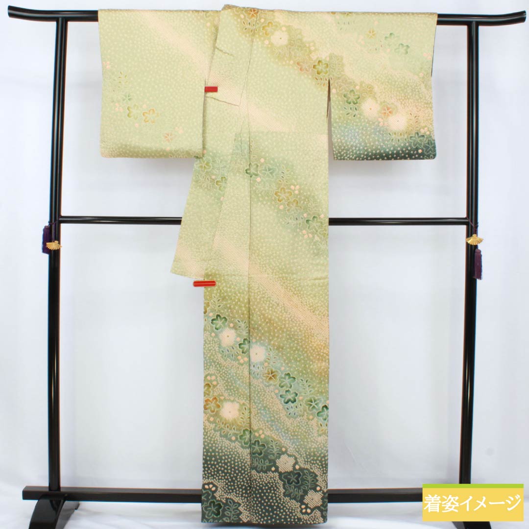 訪問着 正絹 Bランク 袷 身丈160.5cm 裄丈65.5cm 硫黄色（いおういろ） 総絞り 草花 緑系 1112007444419