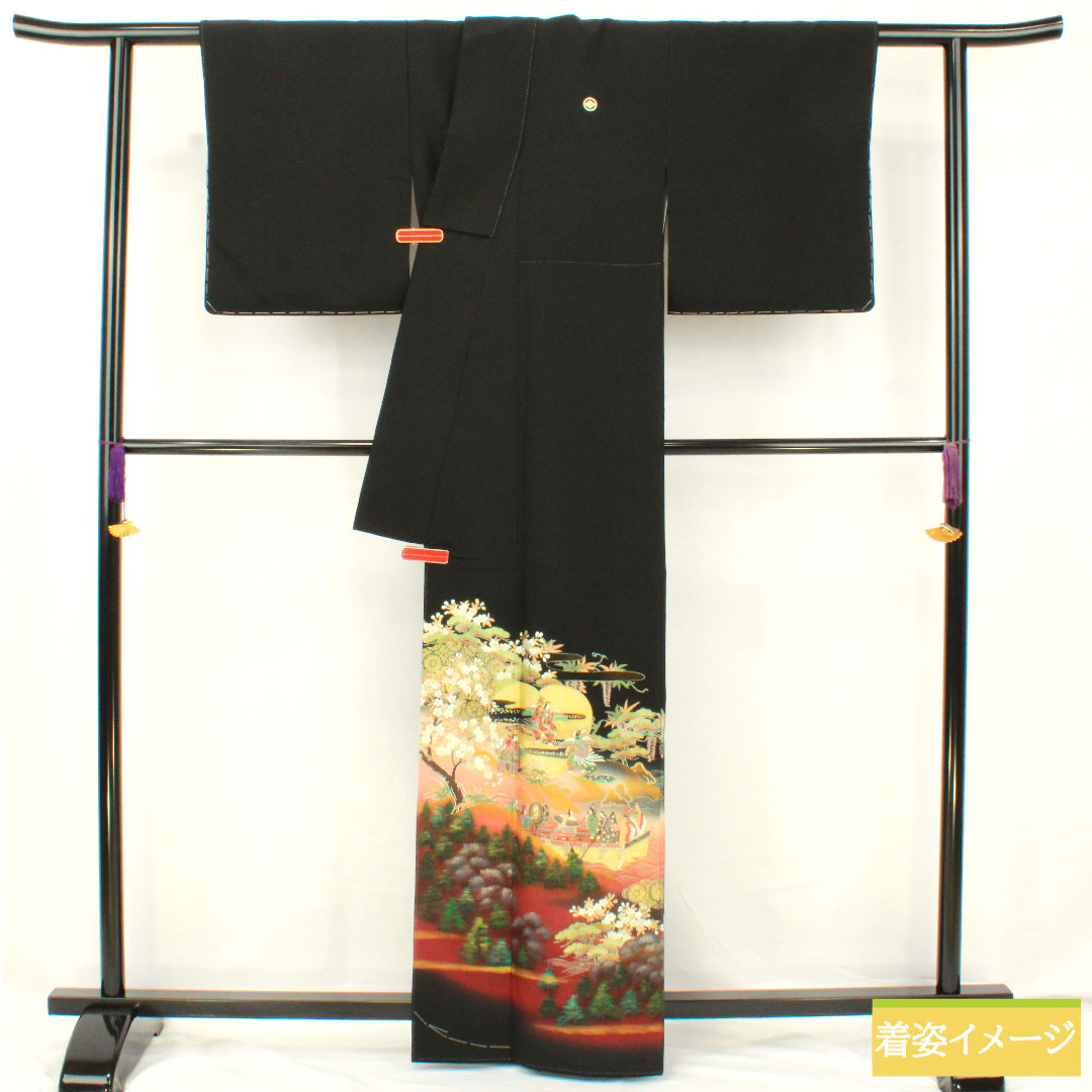 Black formal kimono, pure silk, length 161cm, sleeve length 62cm, lined, Kyoto Yuzen, Tale of Genji, artist's work, five crests, circle with diamonds, A rank, black, 1111001483410